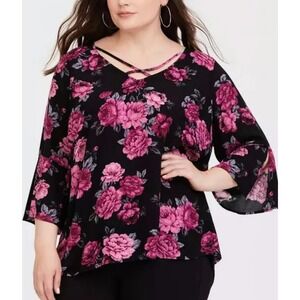 Torrid Floral Feminine Blouse Criss Cross V-Neck 3/4 Sleeve Plus Size 1X 14/16‎